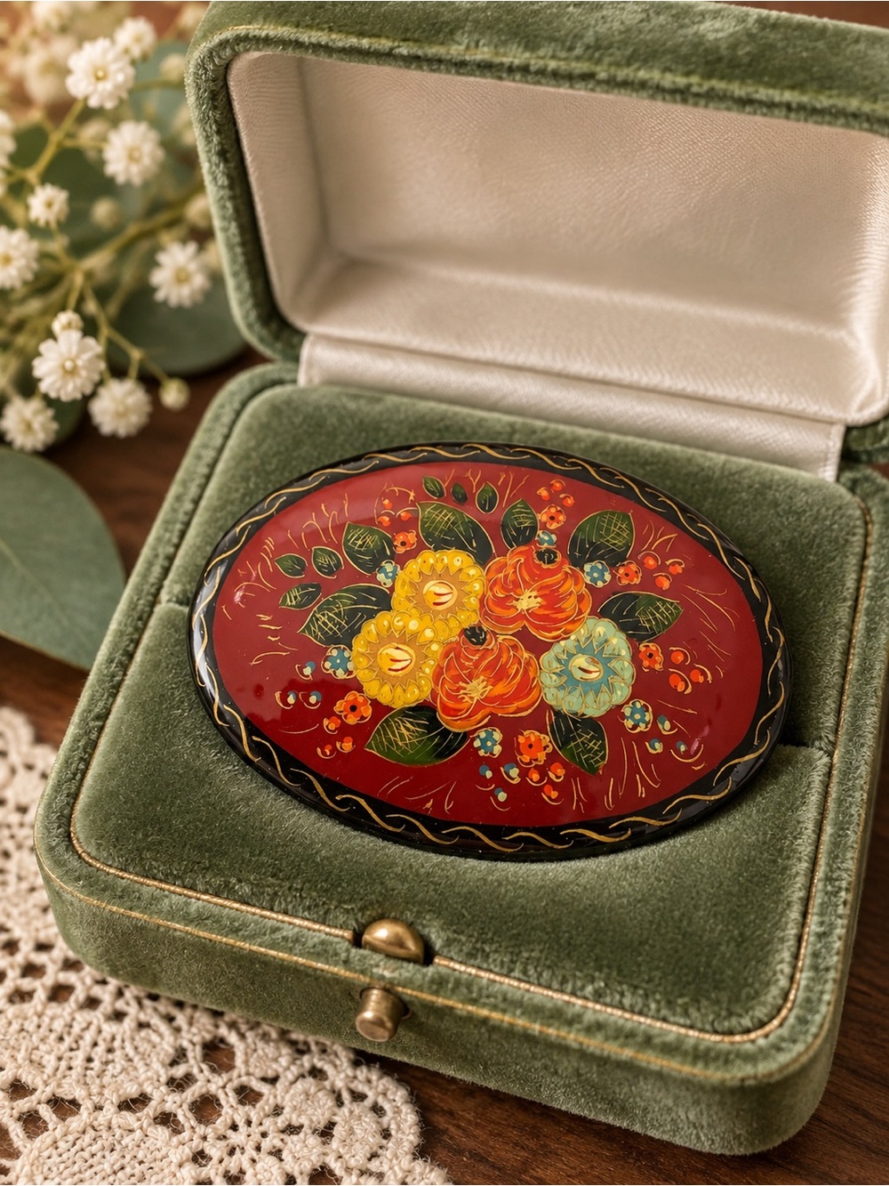 Russian Vintage Floral Hand Painted Oval Brooch